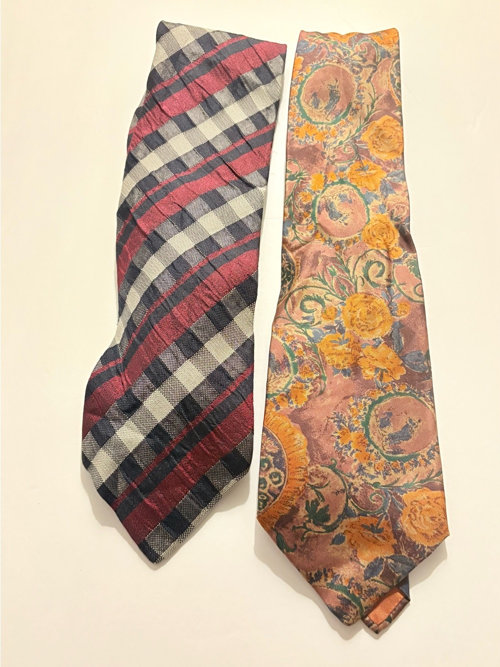 Louis Boston Burgundy and Gray Plaid Tie with Gold Floral Paisley Tie